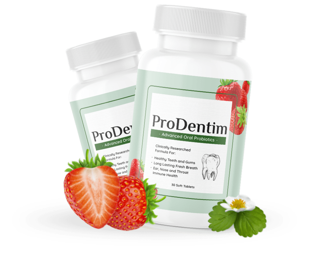 ProDentim oral probiotic bottles with strawberry and mint